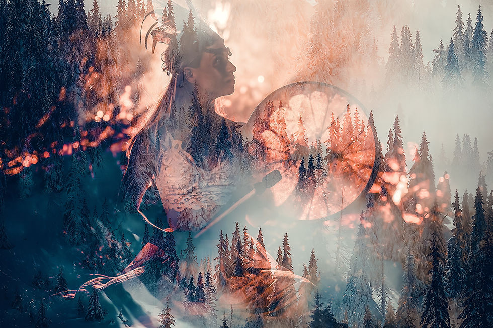 beautiful shamanic girl playing on shaman frame drum in the nature.