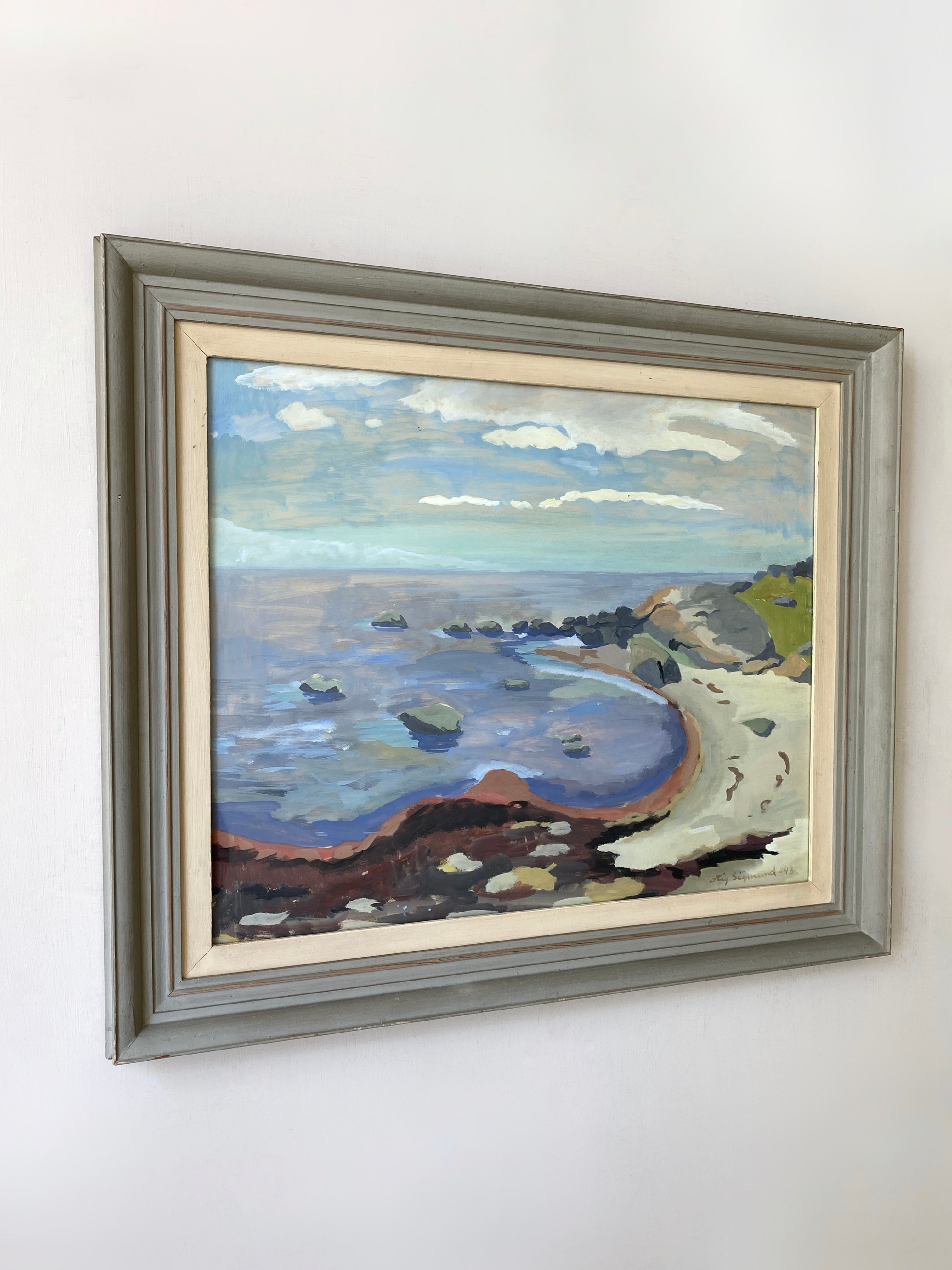 Vintage Swedish mid-century painting of coastal landscape by Stig Sigmund