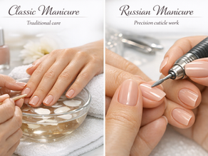 Side-by-side comparison of classic manicure and Russian manicure showing traditional nail care versus precision cuticle work
