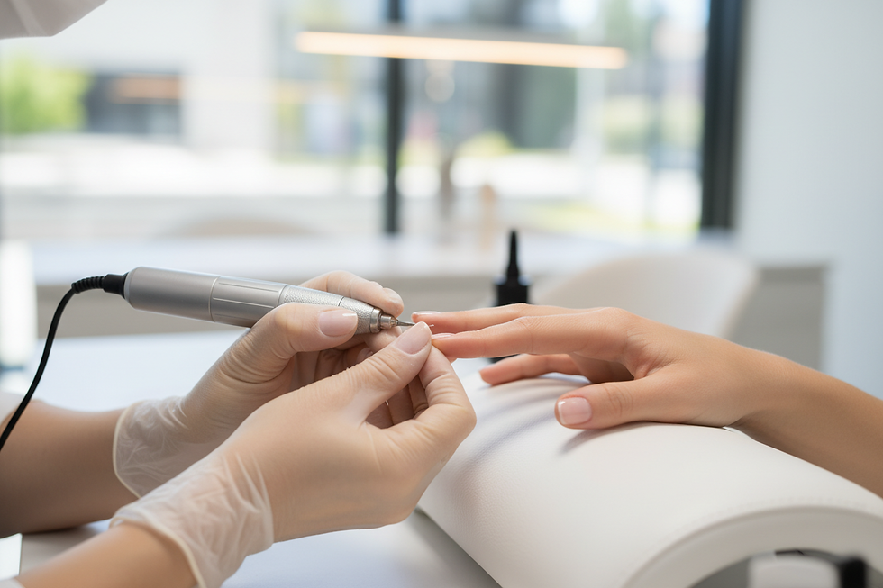 Professional nail technician performing a gentle Russian manicure with precise e-file cuticle work in North Vancouver