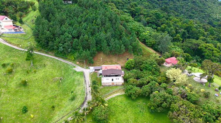 Distant aerial view of Cloud 9 within the tropical grounds of Valli Hai Estate