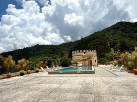 Private swimming pool at Shandelle Lauren with surrounding mountain views