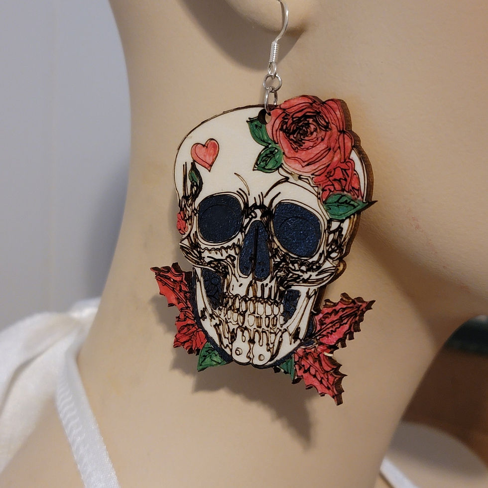 Thumbnail: Large Skull Earrings With Roses & Heart – Laser Cut Statement Jewelry