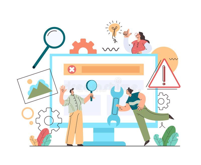 People with tools and magnifying glass around a computer screen. Icons of gears, lightbulb, and exclamation mark, suggesting problem-solving.