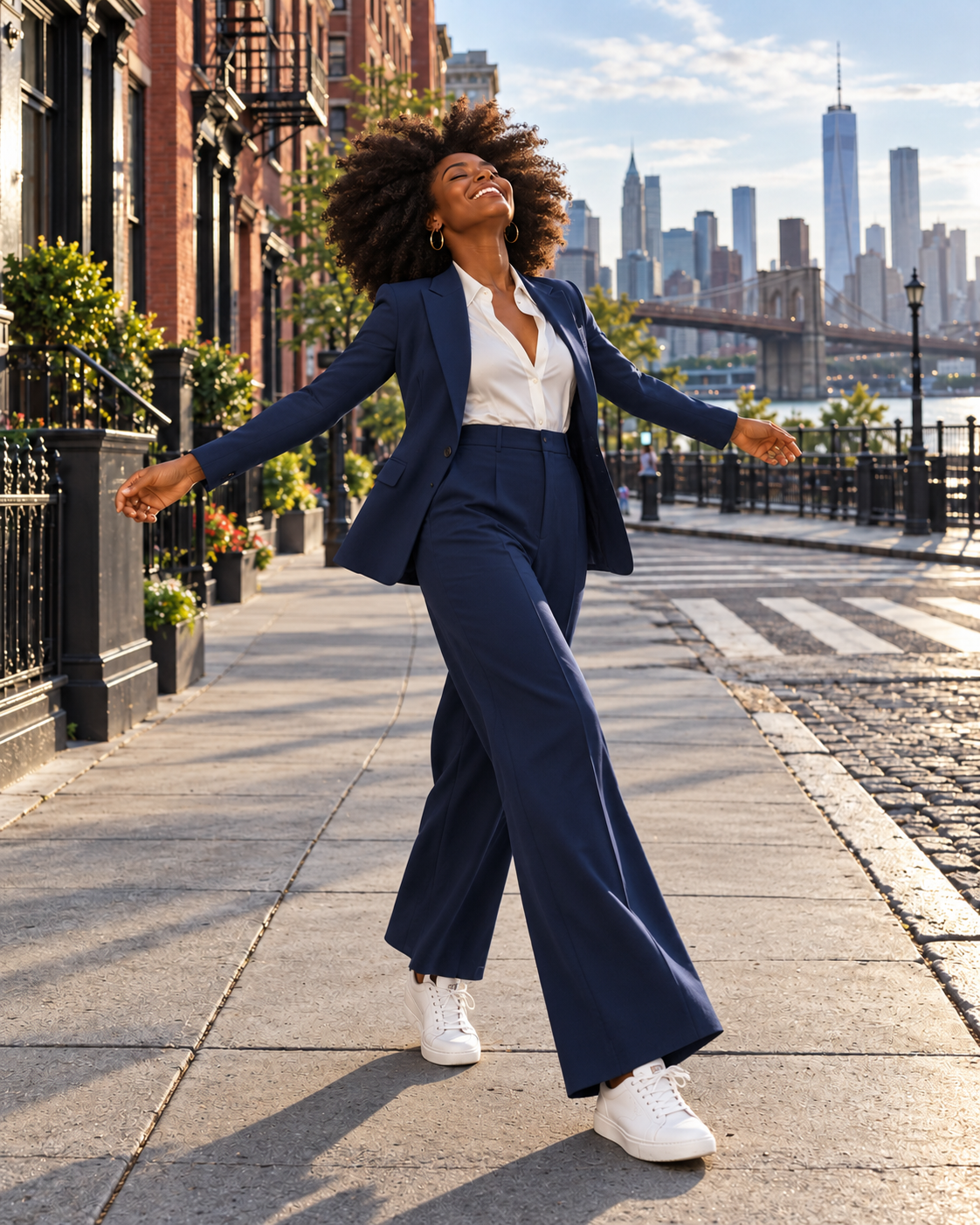 A smiling Black woman in a navy suit with her arms open on a city street