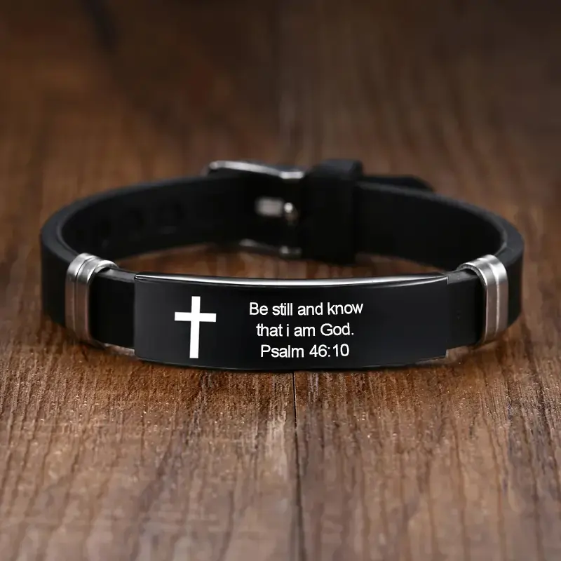 Thumbnail: Christian Cross Bible Verse Bracelet Black Bracelets for Men