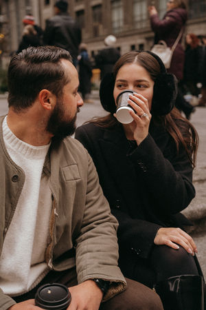 Romantic couple photoshoot on St Patricks Cathedral steps engagement coffee photos