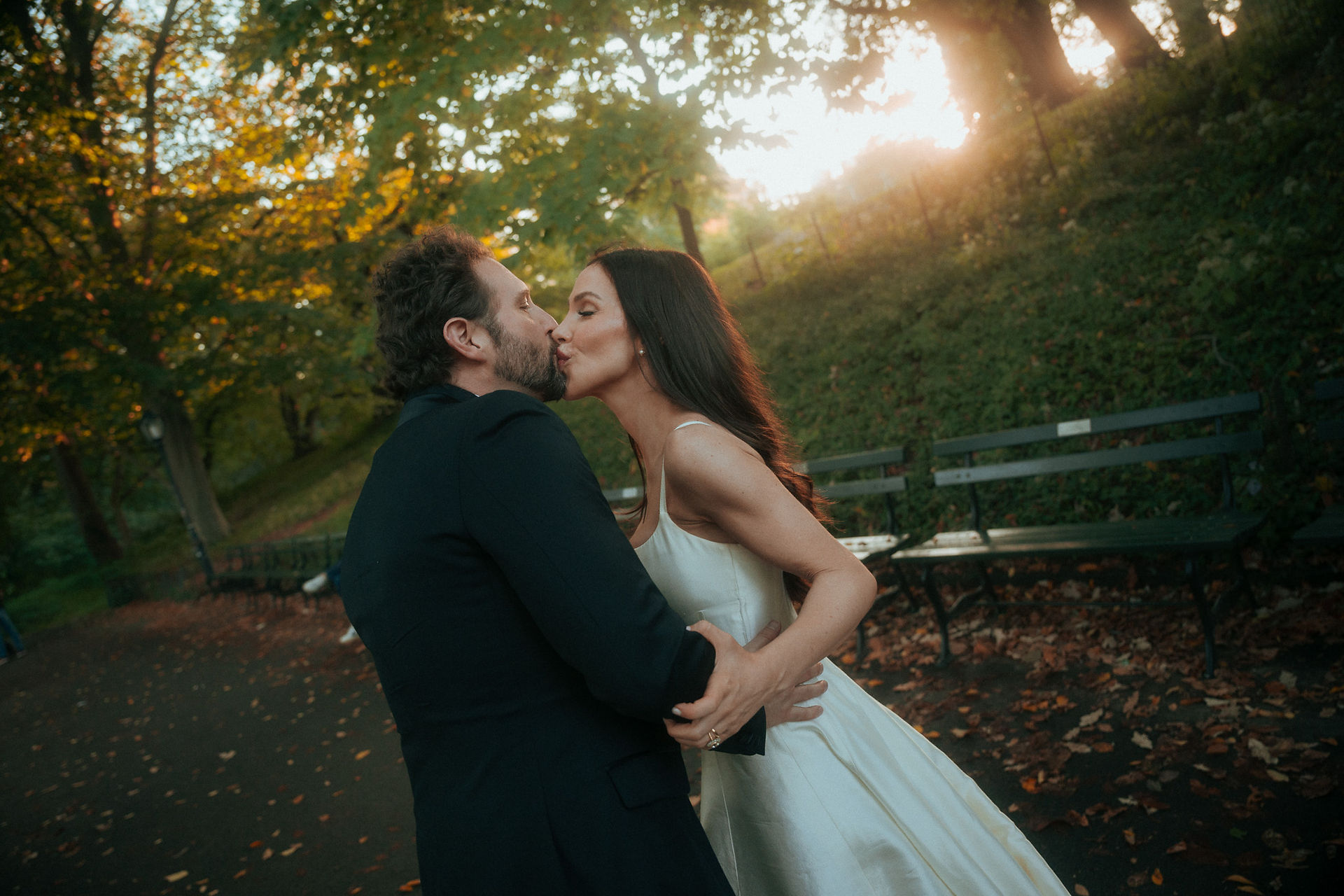 peak fall foliage Central Park wedding photos at sunset