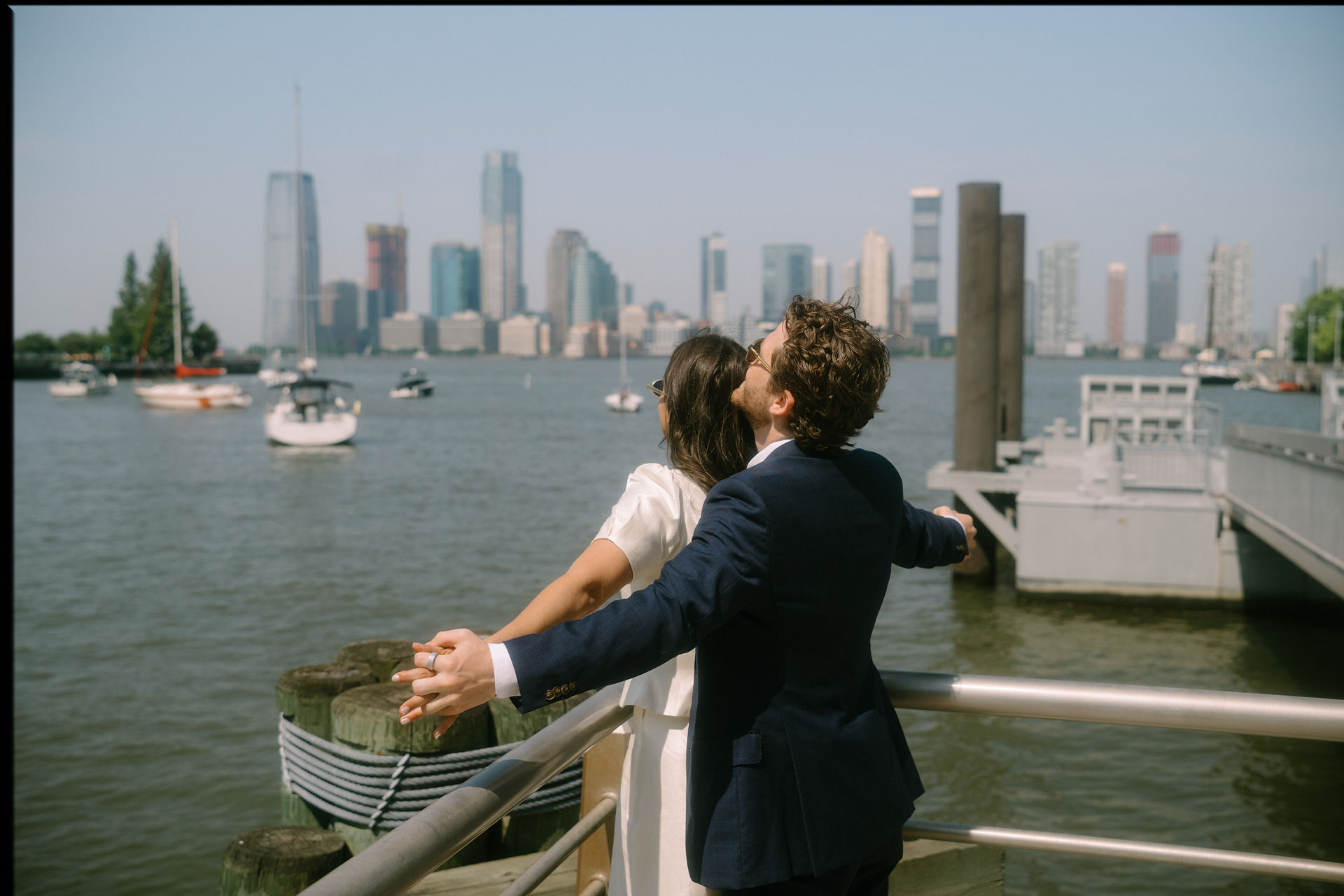 Couple at Hudson River waterfront city hall wedding NYC photographer