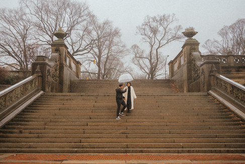 couple dancing bethesda terrace staircase central park misty morning engagement