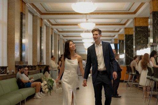 couple waiting in line City Hall wedding NYC
