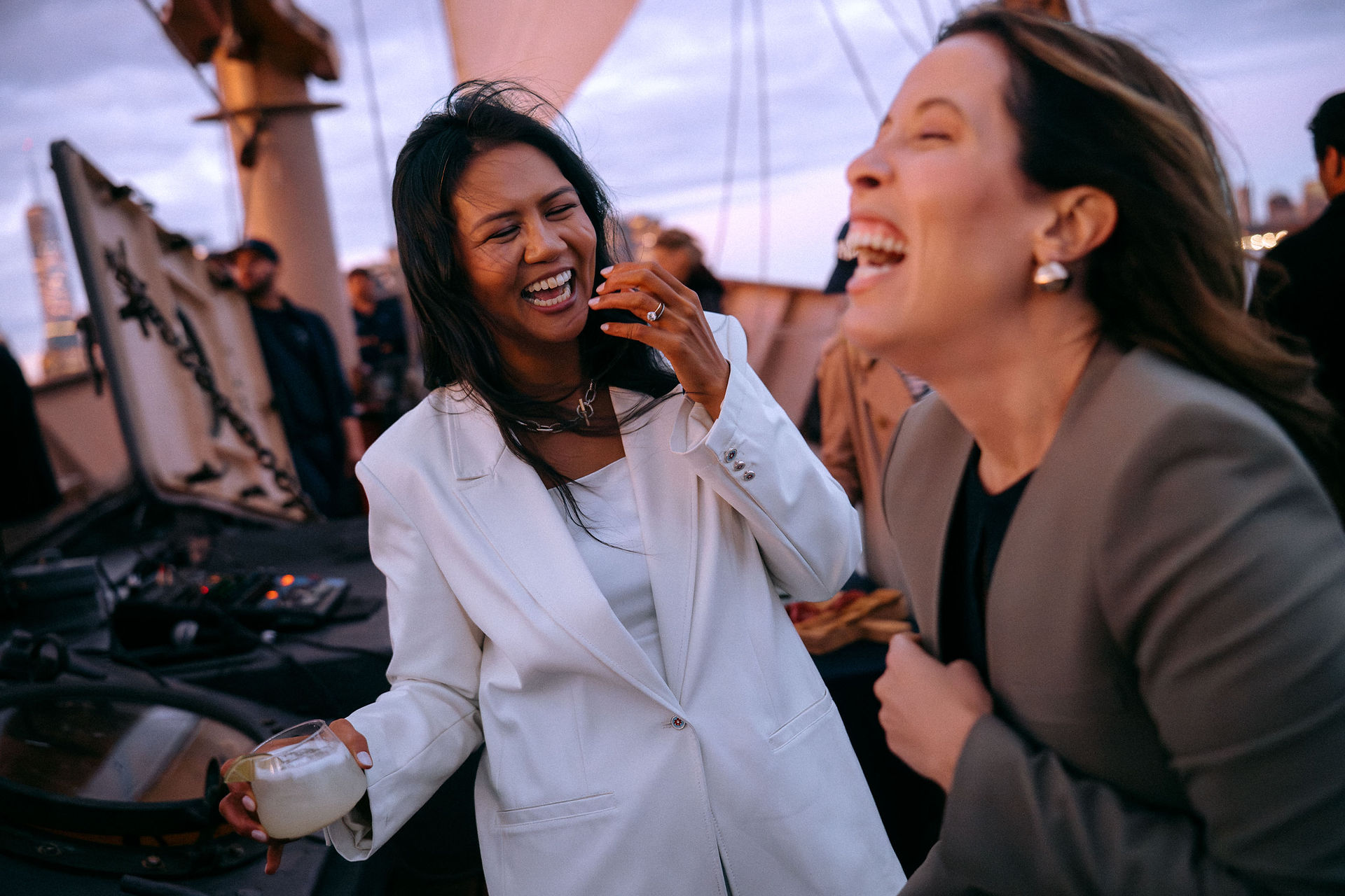 NYC boat wedding reception dancing into the night on the East River cinematic photographer NYC