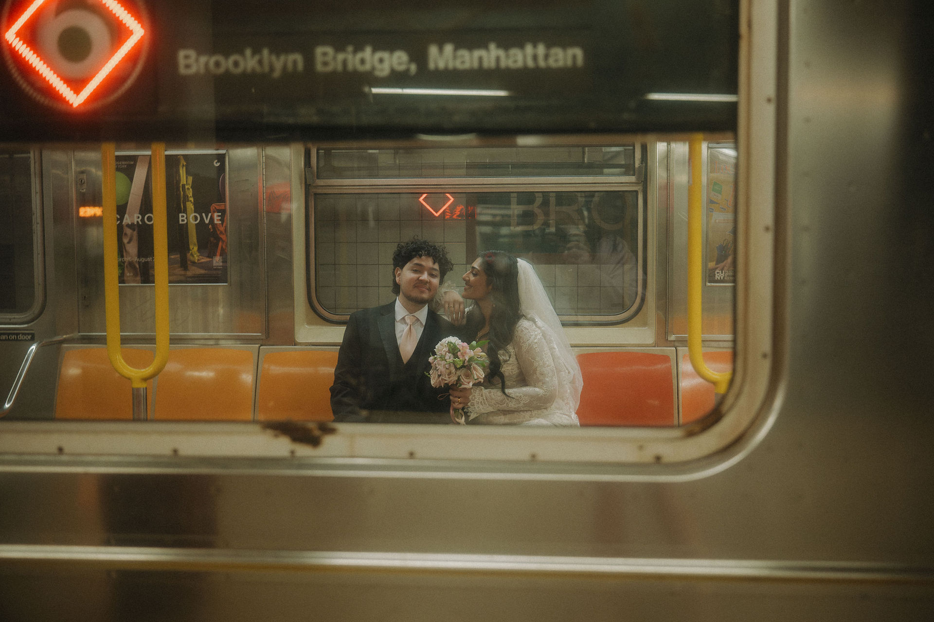 couple kissing nyc subway car brooklyn bridge manhattan sign city hall wedding documentary