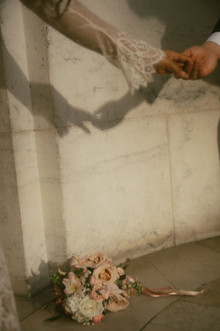 detail shot bridal bouquet dropped on floor nyc public library city hall wedding