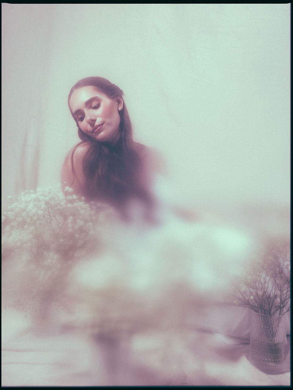 film photography dreamy soft focus bridal portrait warm tones analog