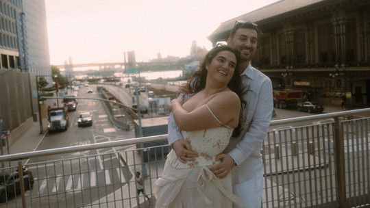 Staten Island Ferry sunset couple Lower Manhattan skyline cinematic film photographer NYC