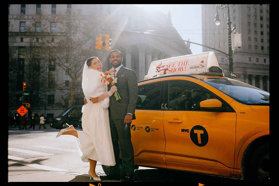 film photography bride and groom laughing yellow taxi cab foley square manhattan city hall wedding nyc documentary