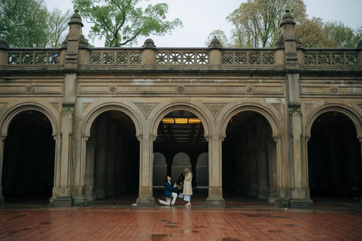 wide shot surprise proposal bethesda arcade central park rainy day