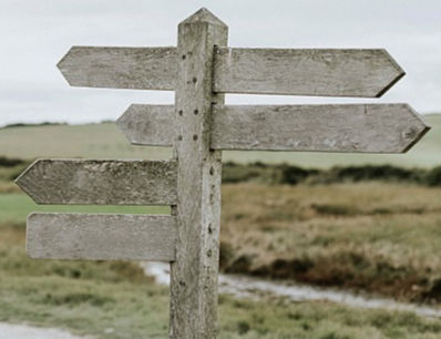Wooden signpost with multiple blank arrows in a grassy landscape, overcast sky.