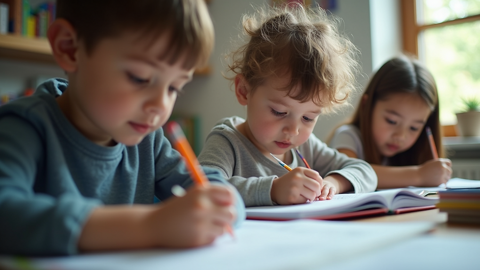 Eye-level view of a child engaged in a tutoring session with a tutor