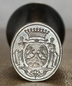 Family arms, Or, on a mount Vert, two lions combatant.
