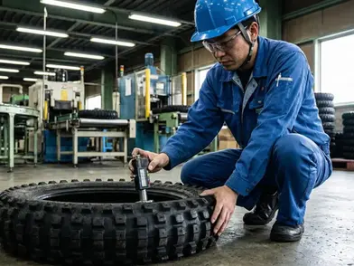MototirePro quality inspector using digital caliper to measure tread depth for CE certification compliance.