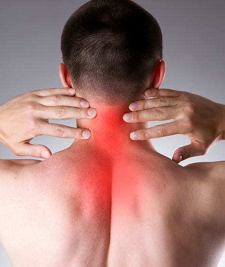 Man holding neck, red area of pain
