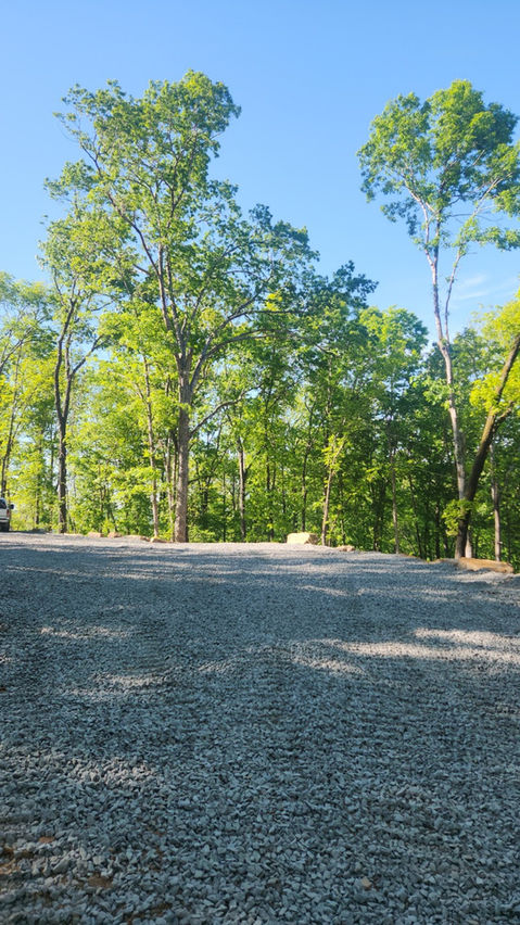 Gravel parking area, trees, sunny sky