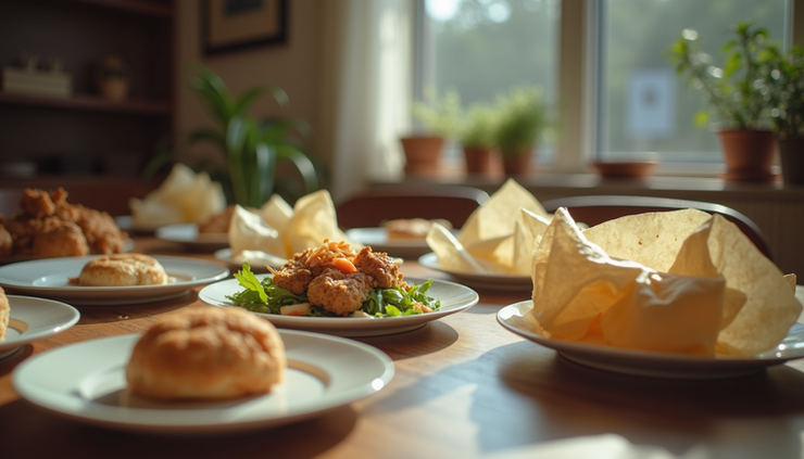 Eye-level view of a cluttered dining table with empty plates and leftover food typical after a mukbang session
