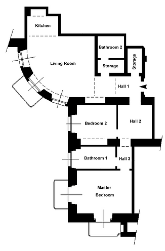 This is a black-and-white floor plan of a residence with labeled rooms. The layout includes a kitchen and a living room in an open space with a curved outer wall. There are two bedrooms: a master bedroom and bedroom 2. The plan also features two bathrooms labeled as Bathroom 1 and Bathroom 2, along with multiple hallways (Hall 1, Hall 2, and Hall 3) connecting different areas. Additionally, there are two storage spaces near Bathroom 2 and Hall 1. The entrance is marked with an arrow. Some rooms have external access, indicated by small doorways leading outside.