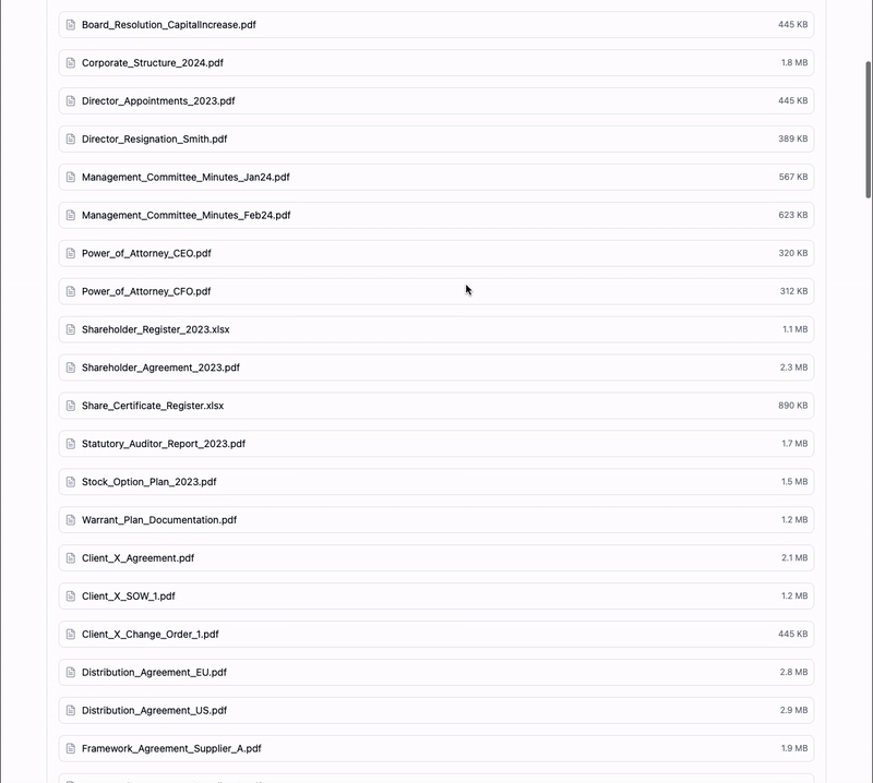 Duely automatically organizes and structures M&A data room content