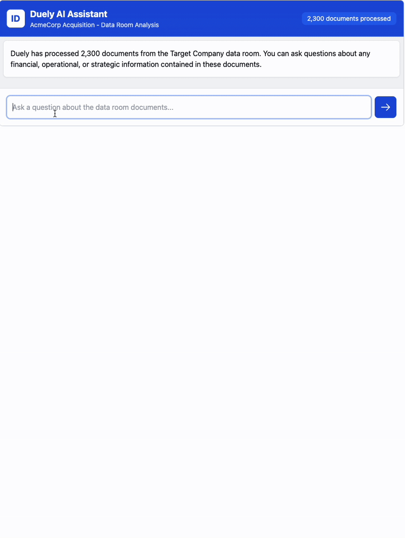 Ask your questions regarding M&A data room content with the Duely AI Assistant