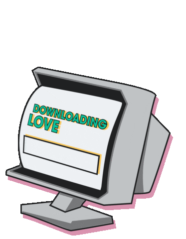 A tranparent, looping motion graphic of a retro computer moniter that read "downloading love" and as a green progress bar fills, a red heart pops out from the top of the monitor.