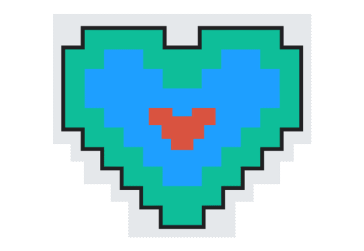 A tranparent, looping motion graphic of a pixelated heart-shape cycling through rainbow colors. The heart rotates in 3D and says "8 BIT LOVE" along the side. Then it rotates again to finish the loop with the same rainbow heart.