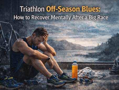 Triathlon off-season blues showing an athlete resting and reflecting after a major race, representing mental recovery and emotional fatigue.
