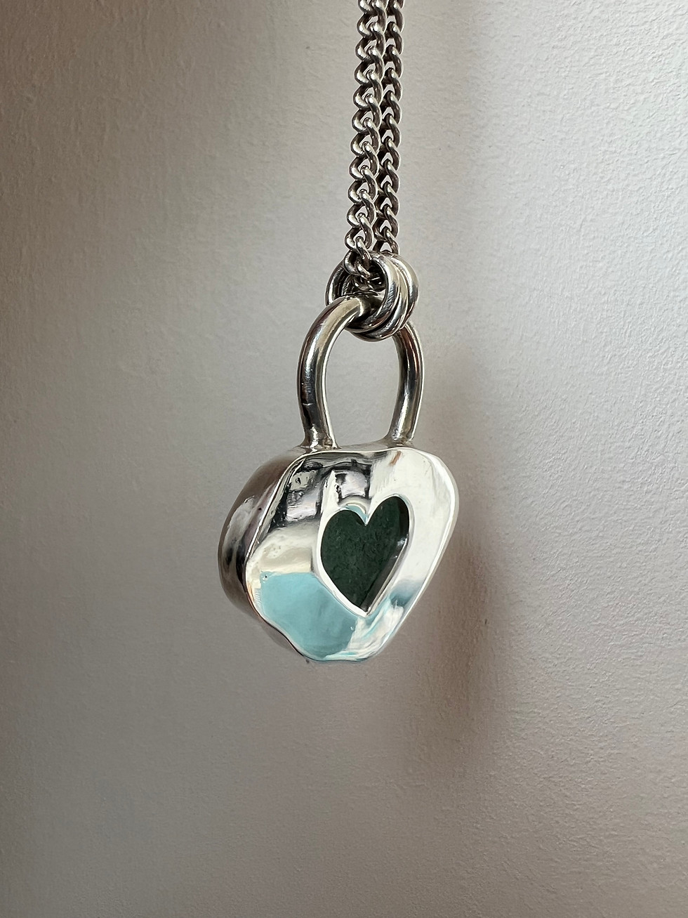 Thumbnail: Beautiful aqua sea glass heart - chunky sterling silver