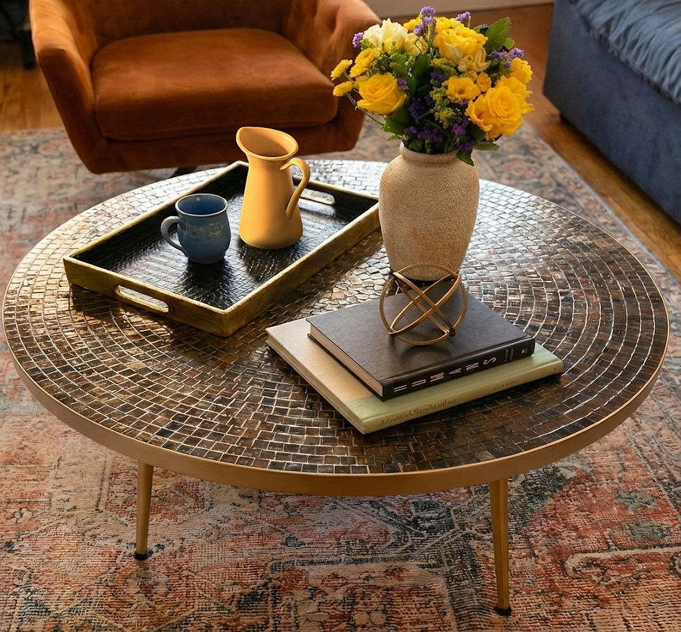 Close-up of a curated tabletop with natural light, featuring a balanced arrangement of belongings and a clear space for a coffee cup.