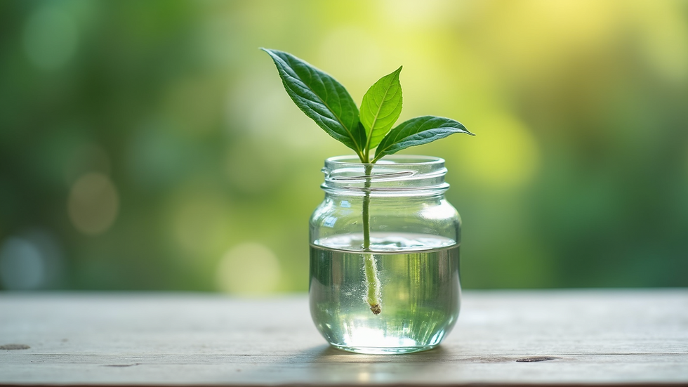 Close-up view of a small green plant cutting in a glass jar filled with water