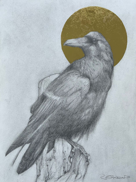 Pencil drawings of a crow resting on a tree stump. A golden sun is behind the crows head like a halo.