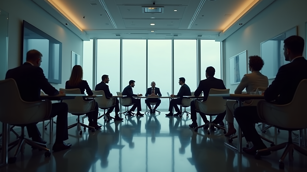 Eye-level view of a conference room with crisis advisers discussing strategy