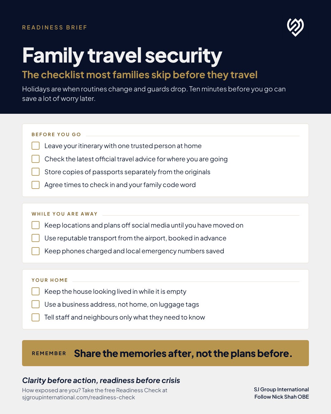 SJ Group International Readiness Brief: Family travel security, the checklist most families skip before they travel