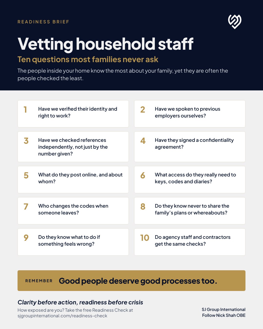 SJ Group International Readiness Brief: Vetting household staff, ten questions most families never ask