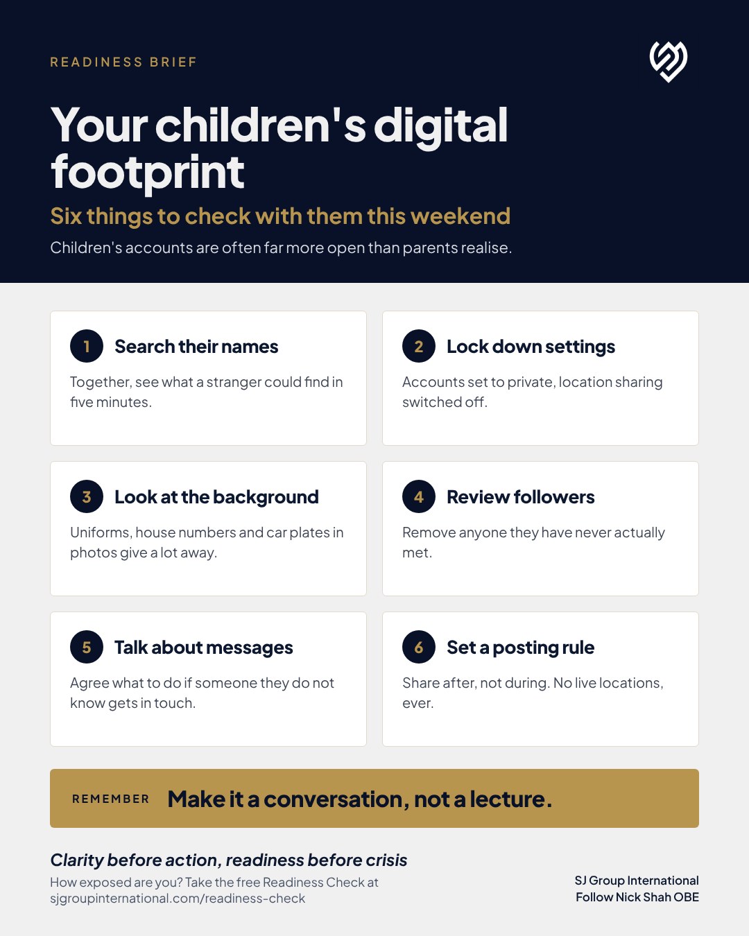 SJ Group International Readiness Brief: Your children's digital footprint, six things to check with them this weekend