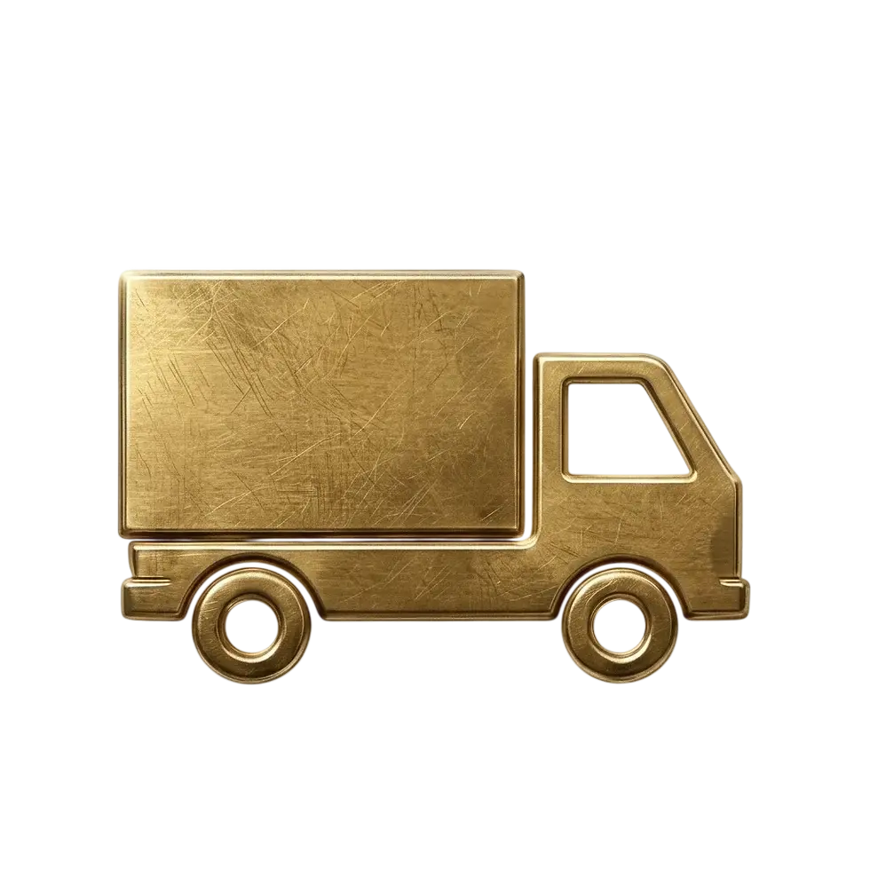 Digital illustration of a golden truck icon. Its metallic sheen suggests premium shipping or logistics services.