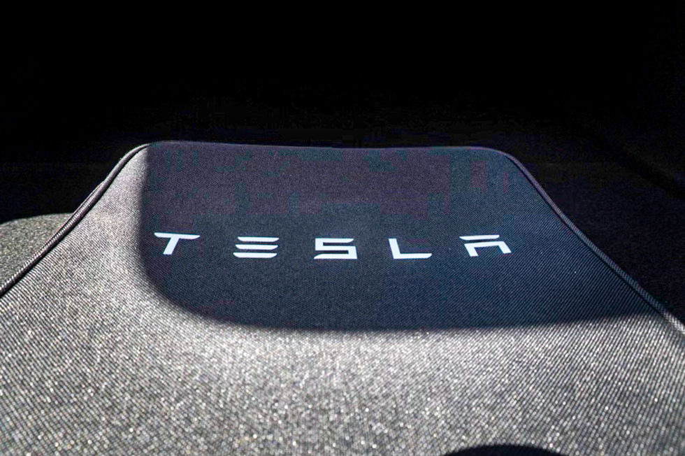 Close up of dark car seat headrest with white TESLA logo.