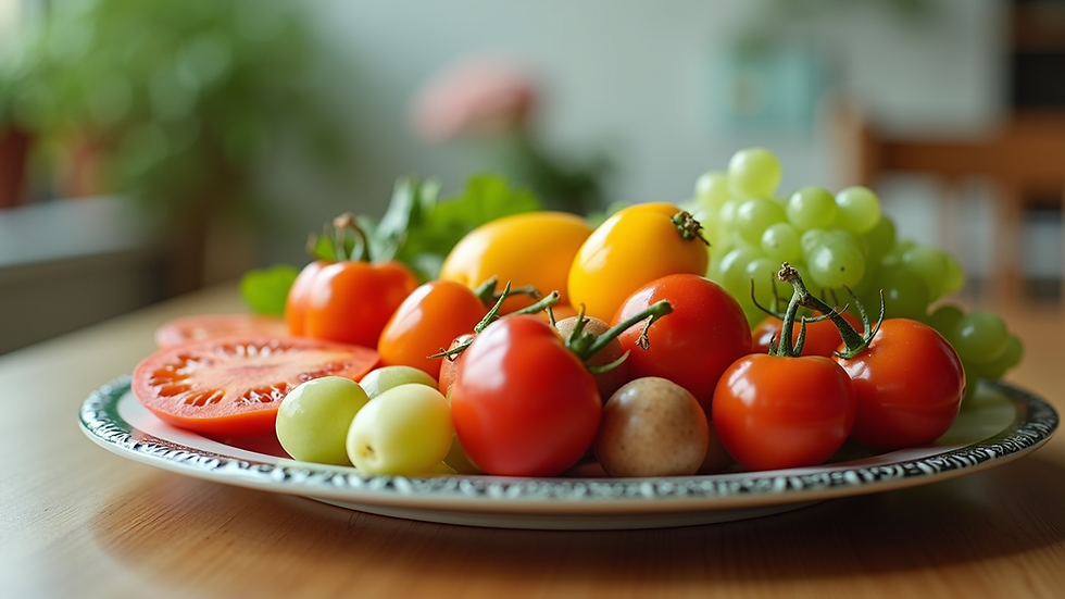 Eye-level view of a colorful plate filled with fresh fruits and vegetables