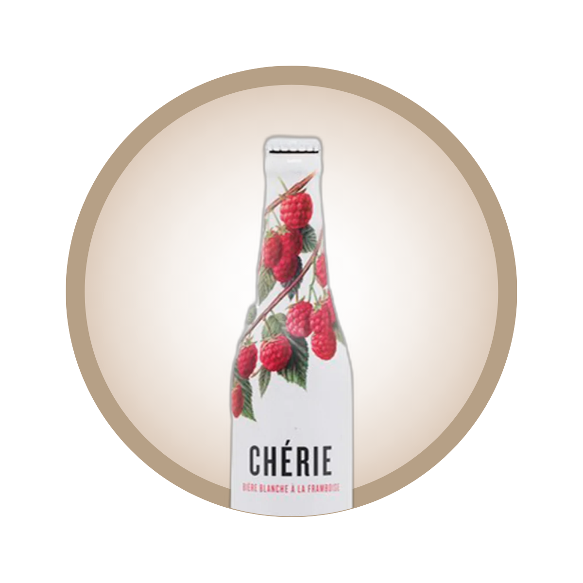 Cerveja Chérie Framboesa 330ml com rótulo branco e framboesas