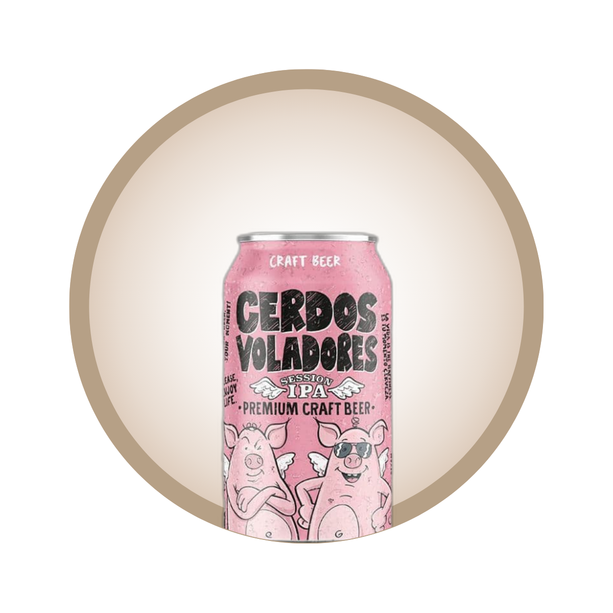 Cerveja Cerdos Voladores Session IPA 330ml, lata rosa com porquinhos