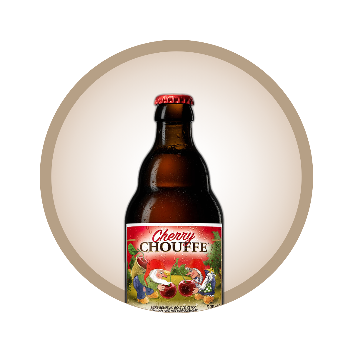 Cerveja Cherry Chouffe 330ml, rótulo vermelho com gnomos