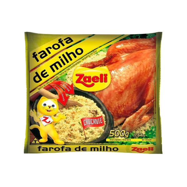 Miniatura: Pacote de farofa pronta Zaeli de milho, 500g, com ilustração de acompanhamentos tradicionais